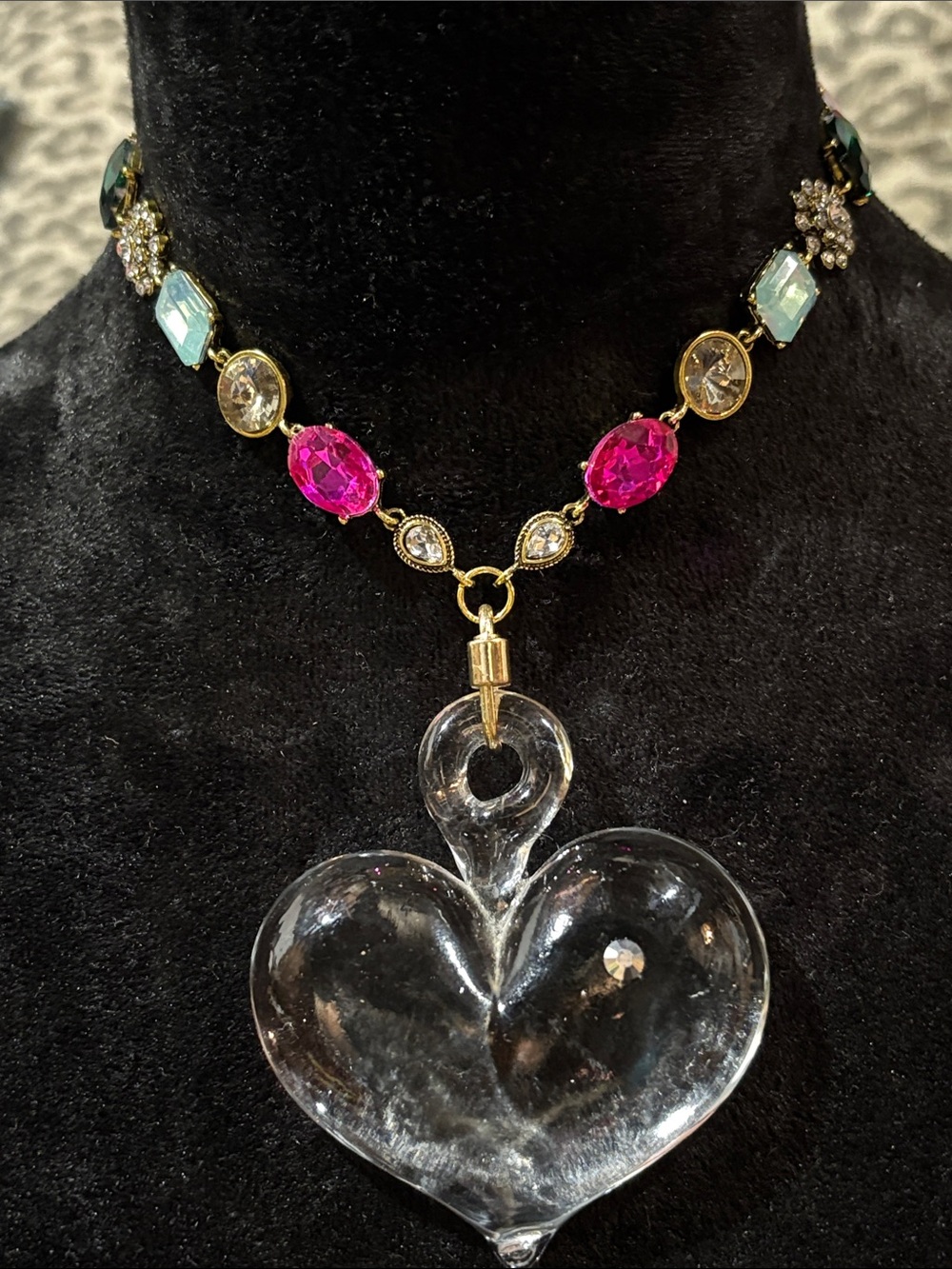 KB handmade statement choker pendant necklace glass heart rhinestone bold unique